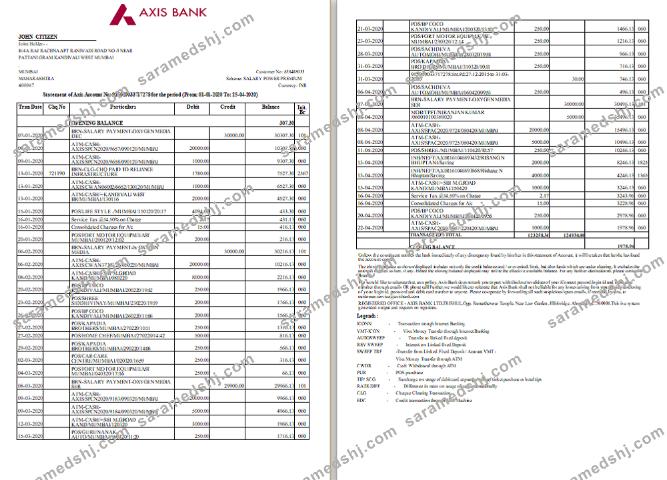 India Axis bank statement template, Word and PDF format, 2 pages, version 2